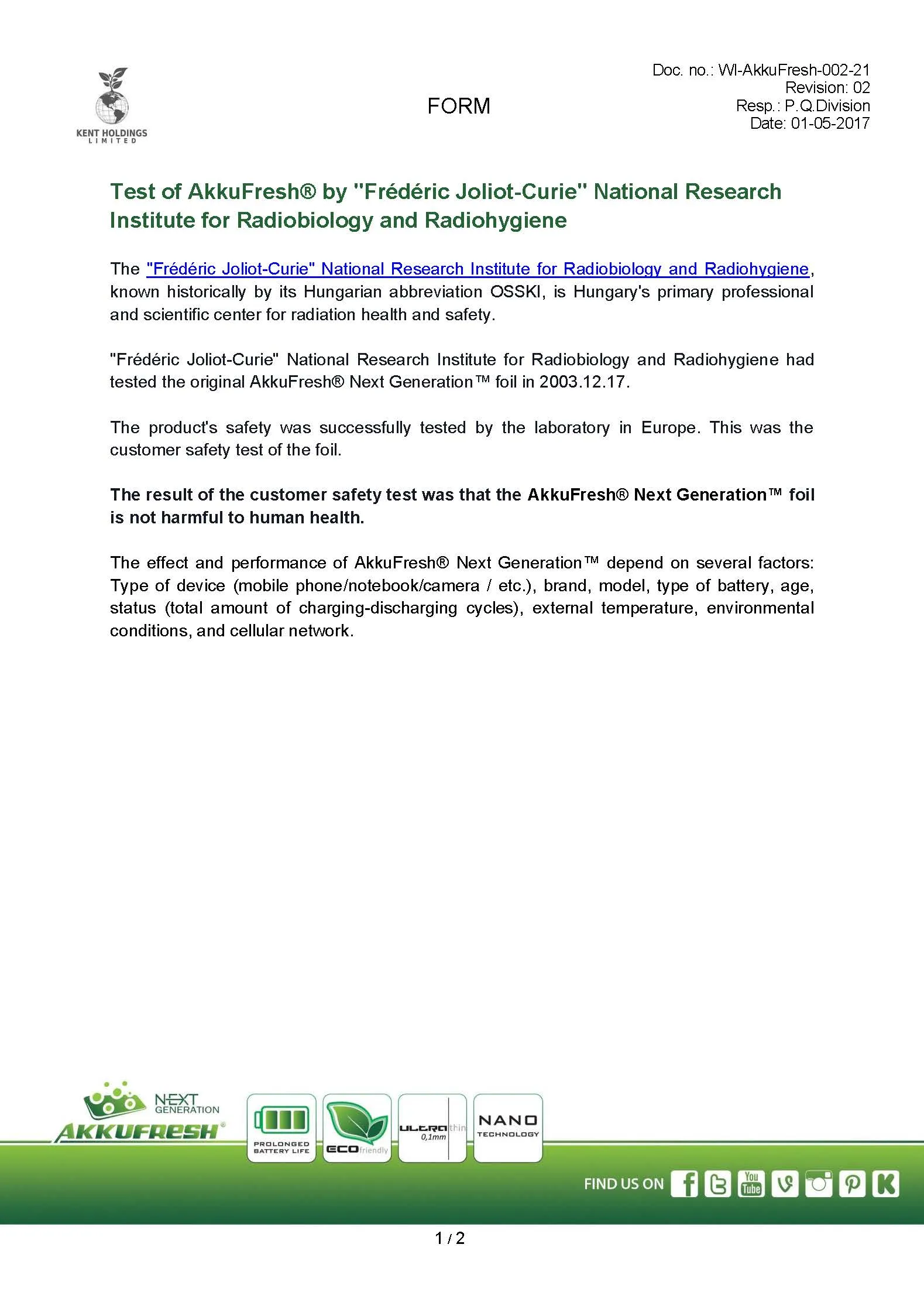 Images of the test of AkkuFresh&reg; Next Generation&trade; by "Fr&eacute;d&eacute;ric Joliot-Curie" National Research Institute for Radiobiology and Radiohygiene page 0001
