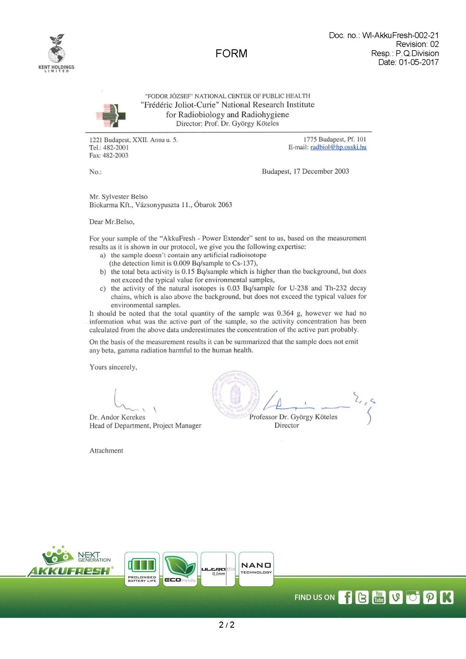 Images of the test of AkkuFresh&reg; Next Generation&trade; by "Fr&eacute;d&eacute;ric Joliot-Curie" National Research Institute for Radiobiology and Radiohygiene page 0002