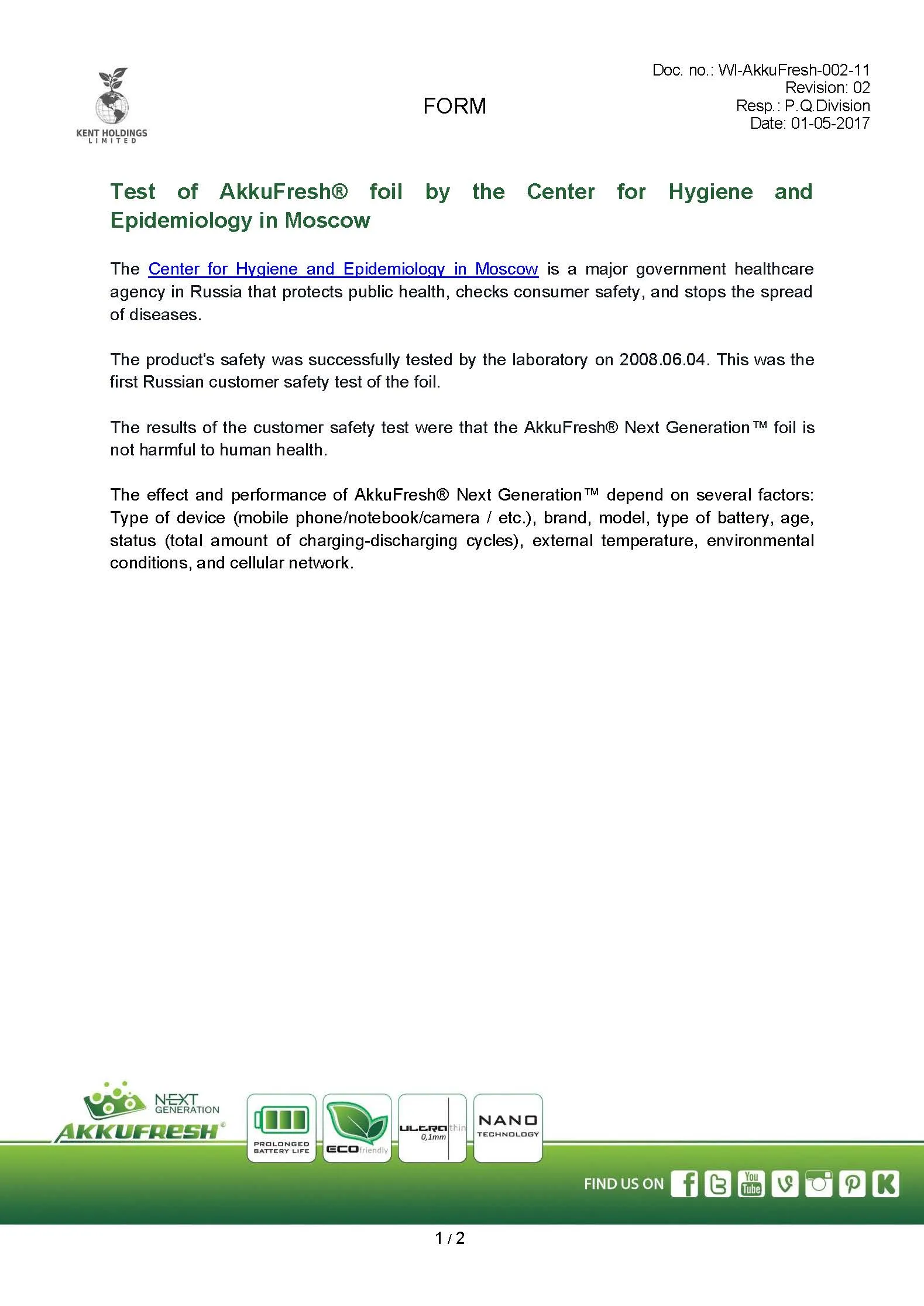 Test of AkkuFresh&reg; foil by the Center for Hygiene and Epidemiology in Moscow page 0001